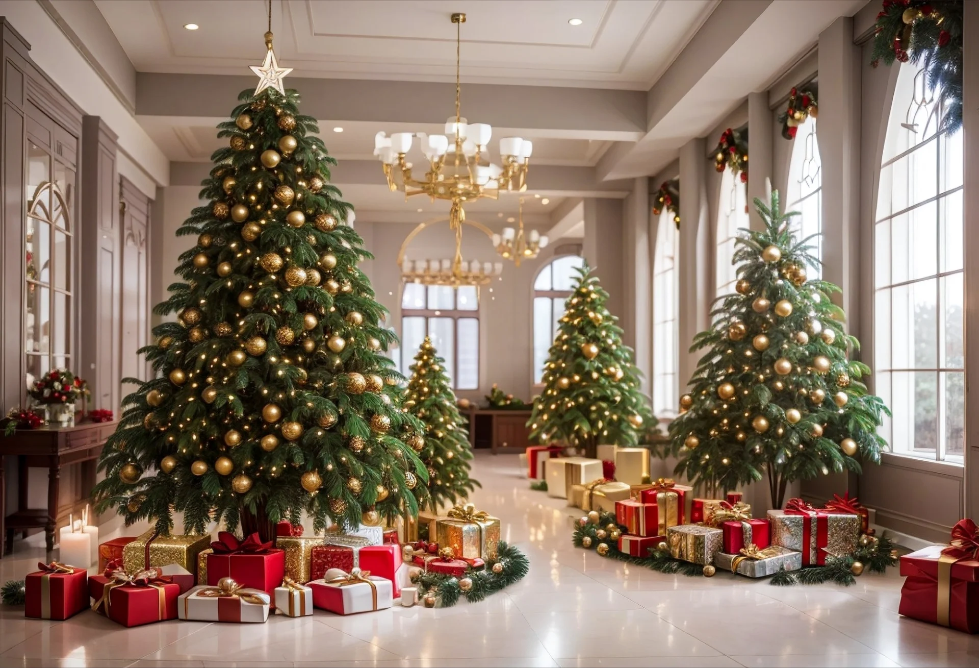 A large room with christmas trees and presents.