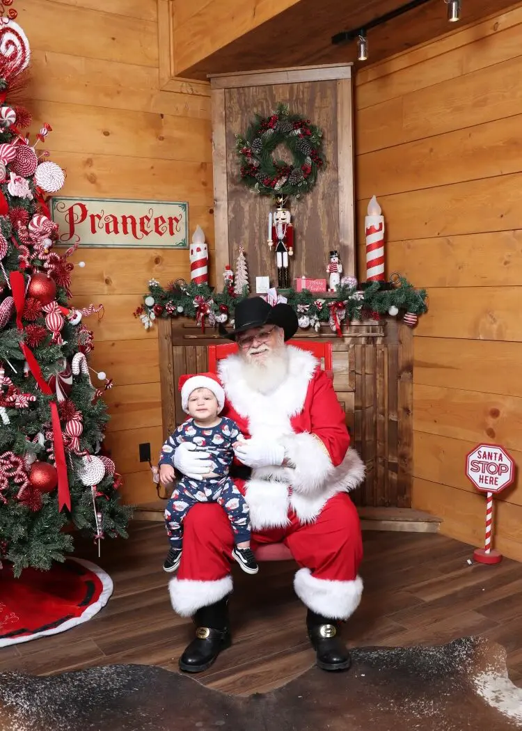 A child sitting on santa 's lap in front of a christmas tree.