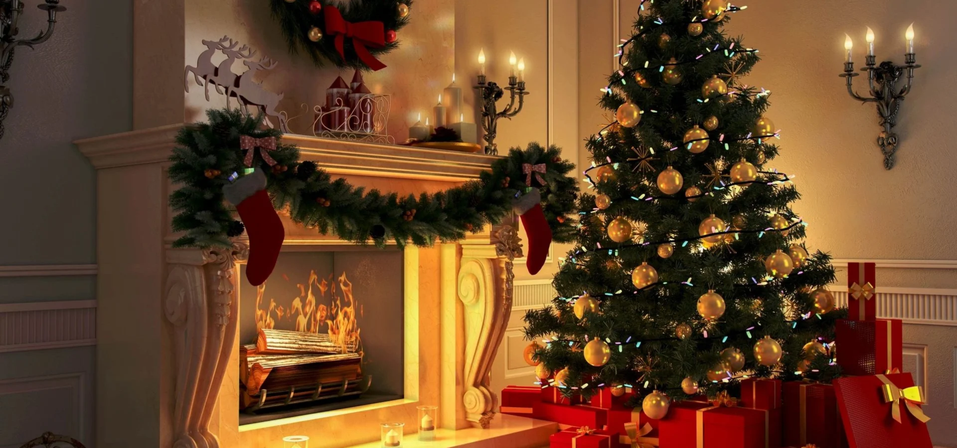 A christmas tree and fireplace in the living room.